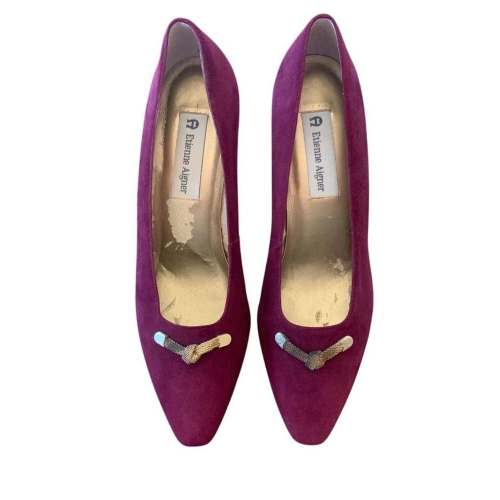 Vintage Etienne Aigner Burgundy Suede Pumps Gold‎ Chain Regina Heels 8.5